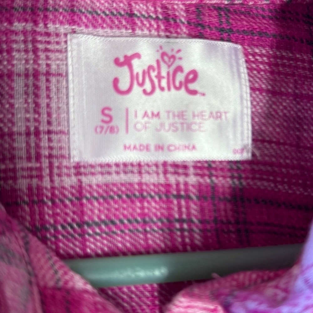 Justice Girls Pink Plaid Smiley Face Flannel Button Down Shirt Size S 7/8 - Picture 8 of 8